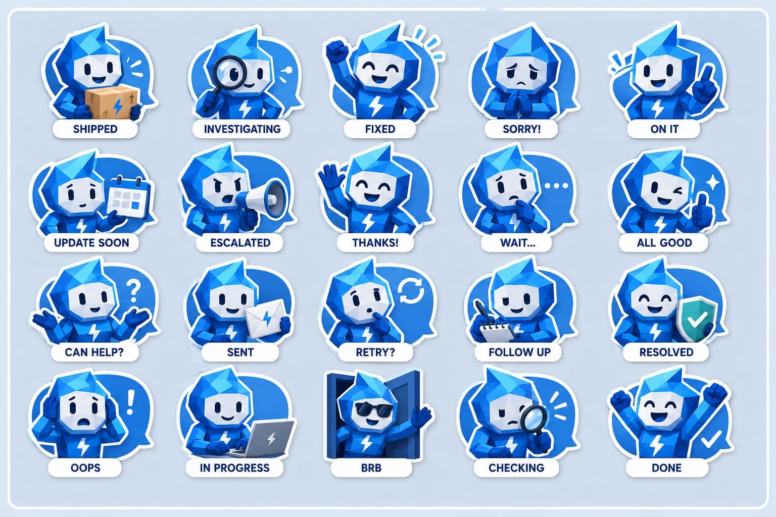 The full Bolt the Mascot sticker sheet — 20 stickers
