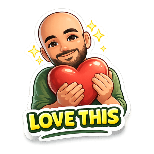 Illustrated sticker of a bald man with a beard, smiling, captioned Love this