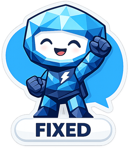Low-poly mascot sticker, captioned Fixed
