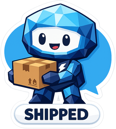 Low-poly mascot sticker, captioned Shipped