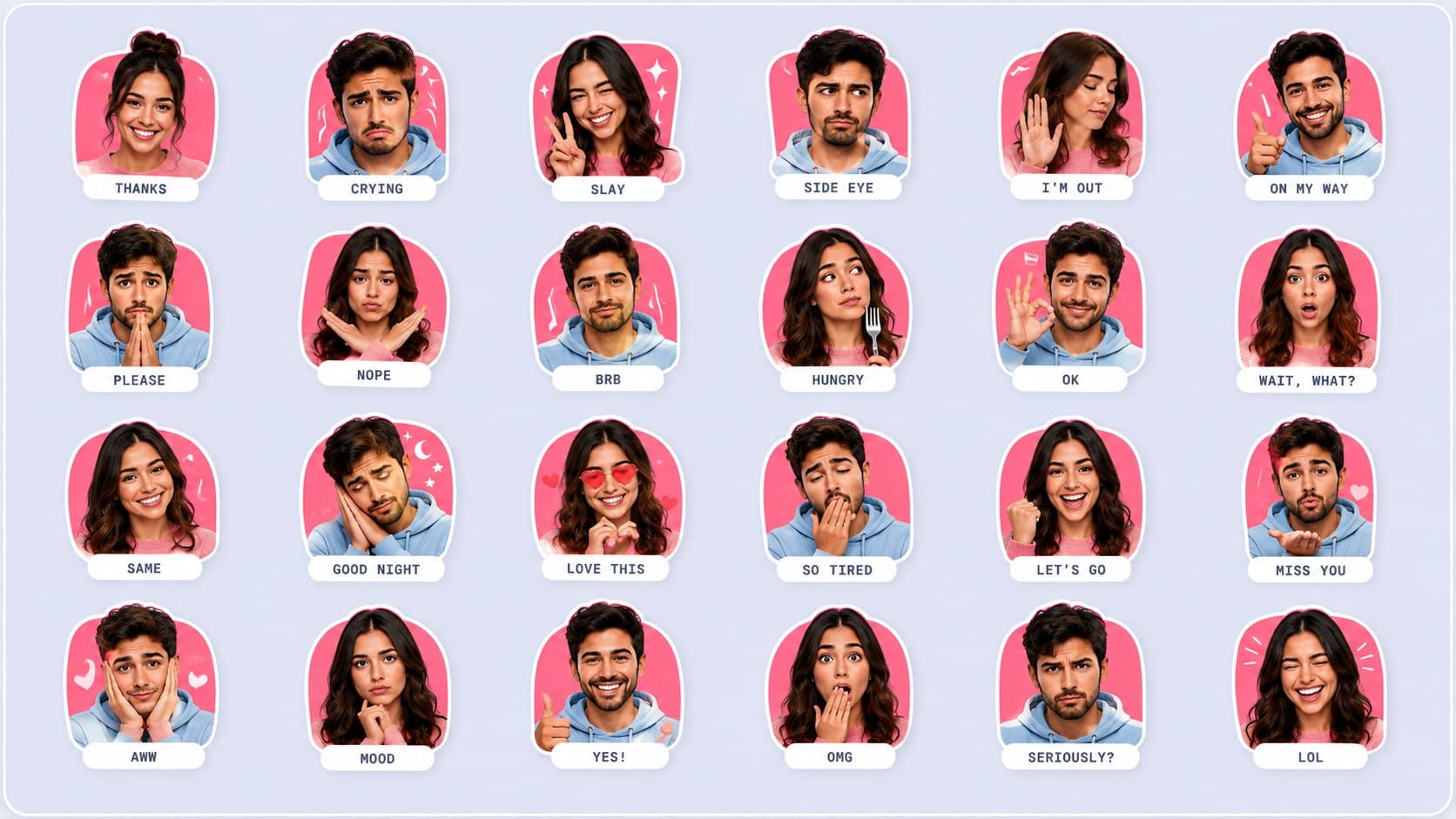 The full Two of Us sticker sheet — 24 stickers
