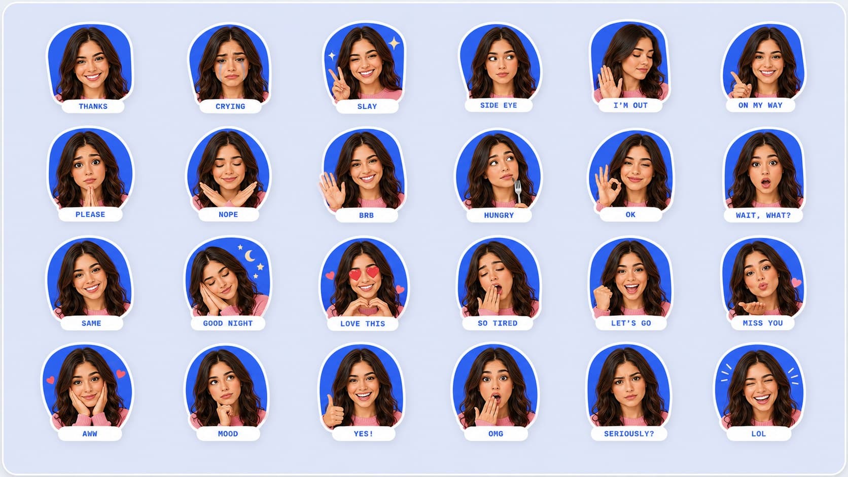 The full Weekend Mia sticker sheet — 24 stickers